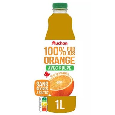 Auchan Pur jus d'orange avec pulpe et sans sucres ajoutés, 1L