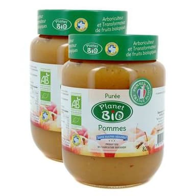 Planet Bio Purée de pomme bio sans sucres ajoutés, Lot de 2x820g