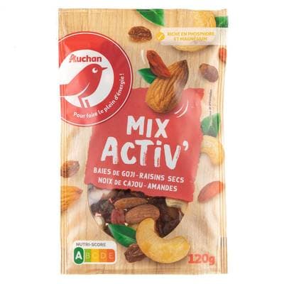 Auchan Mix active Baies de goji raisins secs noix de cajou et amandes, 120g