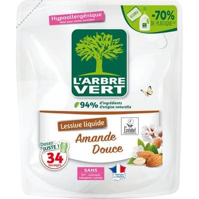 L'arbre Vert Lessive recharge hypoallergénique Amande douce, 1,53L