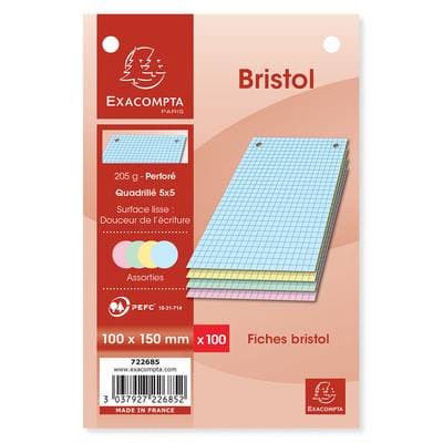 Exacompta Fiches Bristol 10 x 15 cm petits carreaux couleurs assorties, 100  fiches
