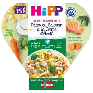 Hipp - Les Petits Gourmets Pâtes au Saumon à la Crème Aneth Bio Assiette Bébé Dès 15 mois, 250g