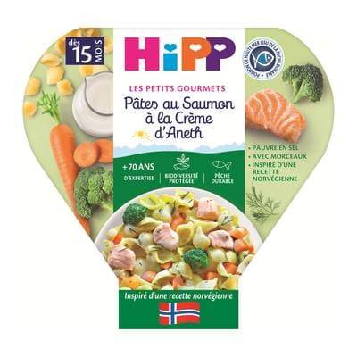 Hipp - Les Petits Gourmets Pâtes au Saumon à la Crème Aneth Bio Assiette Bébé Dès 15 mois, 250g