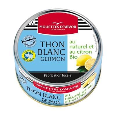 Les Mouettes d'Arvor Thon blanc germon au naturel et citron Bio en conserve, 112g