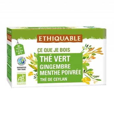 Ethiquable - Commerce Equitable Thé vert Thé vert Gingembre Menthe Poivrée de Ceylan - 20 sachets, 36g