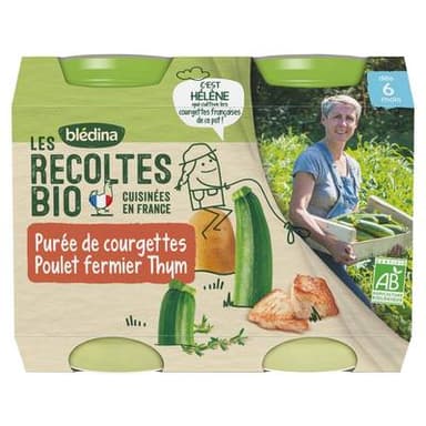 Blédina - Les Récoltes Bio Purée de Courgettes, Poulet fermier, Thym Bio Pot Bébé Dès 6 mois, 2x200g