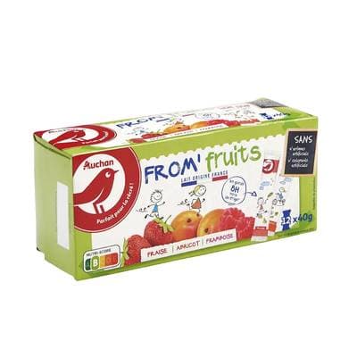 Auchan Fromage blanc aromatisé à la fraise - abricot - framboise en tube, 12x40g