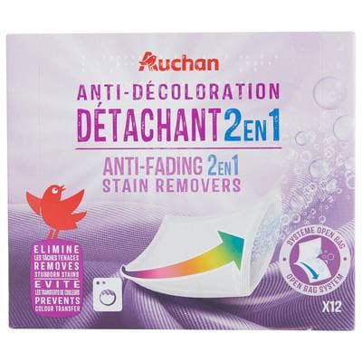 Auchan Lingettes anti-décoloration détachant 2en1, 12 lingettes