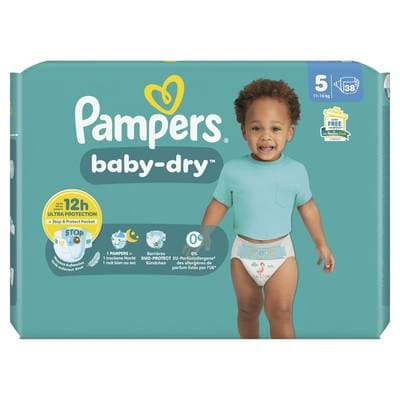 Pampers Babydry Geant Couches Bébés Baby-Dry 11-16kg T5, 38 couches