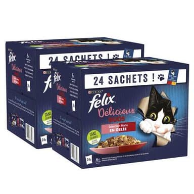 Purina - Félix Sachets en Gelée Délicieux Duos Sélection Mixte 4 variétés pour chat, Lot de 2 - 24x85g