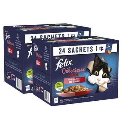 Purina - Félix Sachets en Gelée Délicieux Duos Sélection Mixte 4 variétés pour chat, Lot de 2 - 24x85g