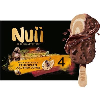 Nuii Bâtonnets glacés café d'ethiopie amande chocolat au lait morceaux de biscuits cacaotés et café caramélisé, 4 bâtonnets - 280g