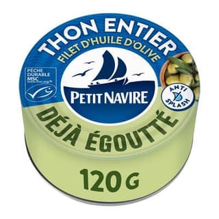 Petit Navire Thon entier MSC avec un filet d'huile d'olive déjà égoutté, 120g