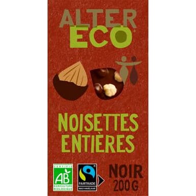 Alter Eco - Commerce Equitable Chocolat noir noisettes entières 50% Cacao Bio du Pérou, 200g