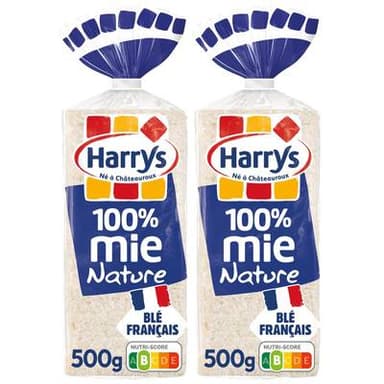 Harrys Pain de Mie Nature 100% Mie Sans Croûte, Sans Additifs, Lot de 2 - 20 tranches soit 500g