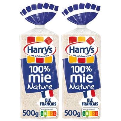 Harrys Pain de Mie Nature 100% Mie Sans Croûte, Sans Additifs, Lot de 2 - 20 tranches soit 500g