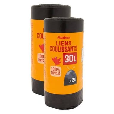 Auchan Sacs poubelle avec liens coulissants 30L, Lot de 2x20 sacs poubelle