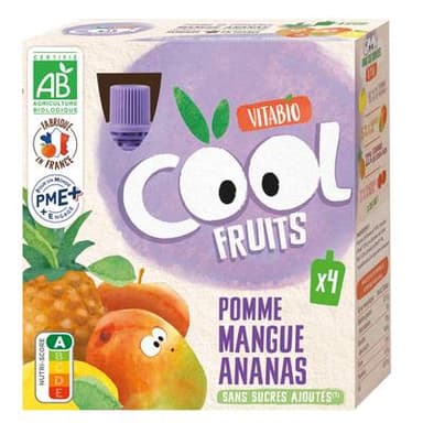 Vitabio - Cool Fruits Pommes Mangue Ananas Bio - Purée de Fruits en gourde, 4x90g