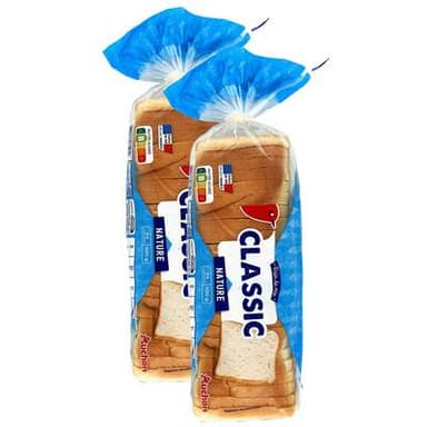 Auchan Pain de Mie Nature avec Croûte Sans Huile de Palme, Lot de 2x500g