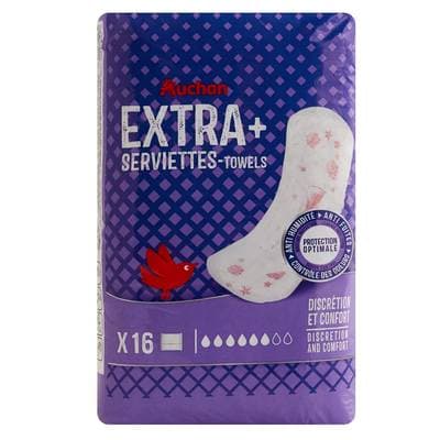 Auchan Serviettes hygiéniques sans ailettes extra+, 16 serviettes