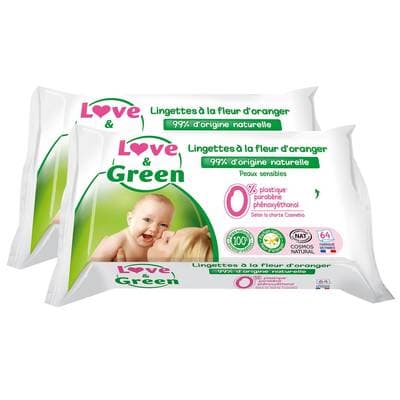 Love & Green Lingettes hypoallergéniques à la fleur d'oranger Bio, Lot de 2x64 lingettes