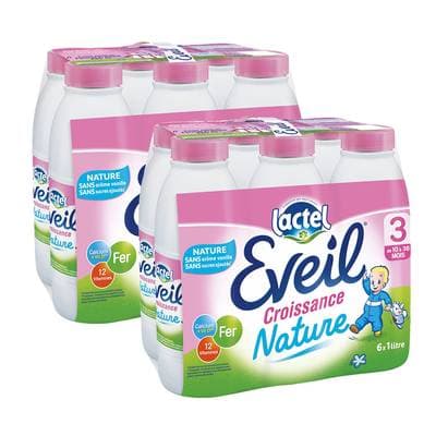 Lactel Eveil Lait de Croissance 3ème âge Nature Liquide Bébé Dès 10 mois, Lot de 2 - 6x1L