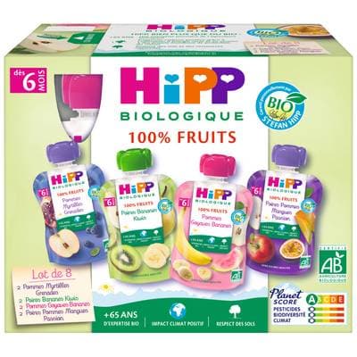 Hipp - 100% Fruits 4 variétés- Poire Pomme Mangue Passion, Pomme Goyave Banane, Poire Banane Kiwi Bio Gourdes Bébé Dès 6 mois, 8x90g