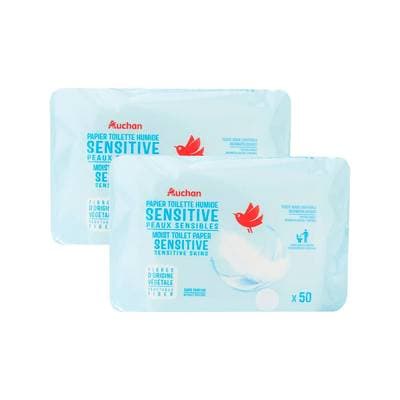 Auchan Lingettes papier toilette humide blanc peaux sensibles, Lot de 2x50 lingettes