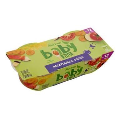 Auchan Baby Bio Ratatouille et pâtes bio Bol bébé dès 12 mois, 2x200g