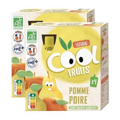 Vitabio - Cool Fruits Pomme et Poire de Provence, Acérola Bio - Purée de Fruits en gourde, Lot de 2 - 4x90g