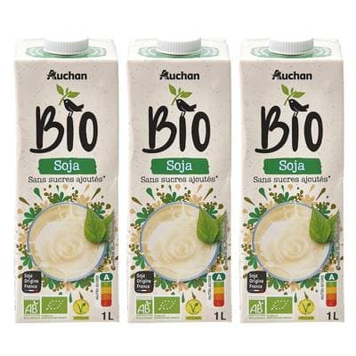 Auchan BIO Soja Nature bio sans sucres ajoutés boisson végétale, Lot de 3x1L