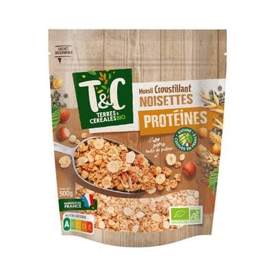 Terres et Céréales Bio Céréales muesli croustillant noisettes protéines bio, 500g