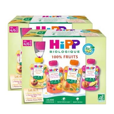 Hipp - 100% Fruits 4 variétés Pomme Poire Banane, Pomme Pêche Fruits des bois, Banane Poire Bio Gourdes Bébé Dès 4/6 mois, Lot de 2 - 8x90g