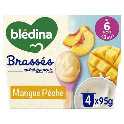 Blédina - Les Brassés Dessert Lacté Mangue Pêche Coupelle Bébé dès 6 mois, 4x95g
