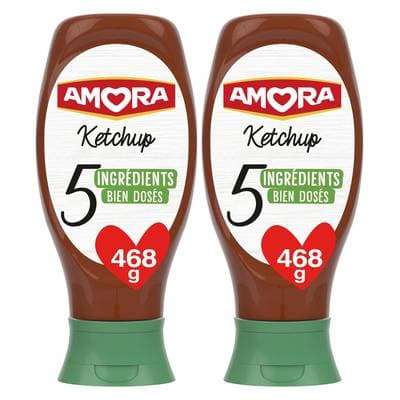 Amora Ketchup 5 ingrédients en Flacon Souple Squeeze Top Down, Lot de 2x468g