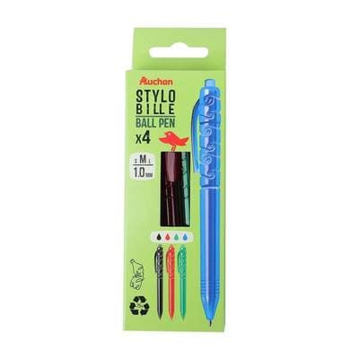 Auchan Stylos à billes rétractables x4, 4 couleurs