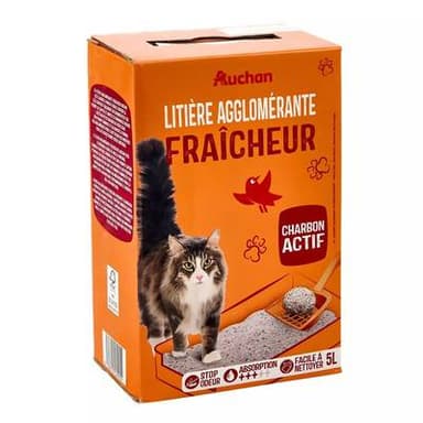 Auchan Litière agglomérante fraîcheur au charbon actif pour chat, 5L