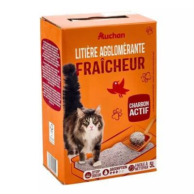 Auchan Litière agglomérante fraîcheur au charbon actif pour chat, 5L