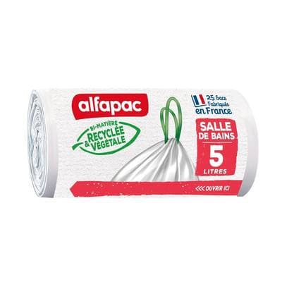 Alfapac Sacs poubelle 5L salle de bains coulissac vegetal origin, 25 sacs de 5L