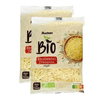 Auchan BIO Emmental râpé français au lait pasteurisé bio, Lot de 2x100g