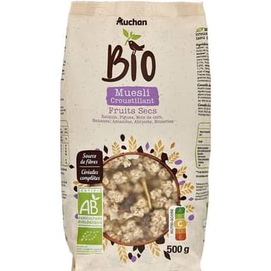 Auchan BIO Muesli de céréales croustillant aux fruits secs bio, 500g