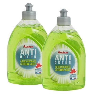 Auchan Liquide vaisselle anti-odeur au bicarbonate citron vert, Lot de 2x500ml