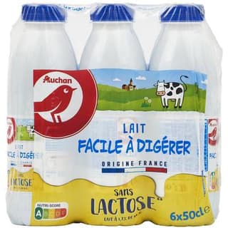 Auchan Lait facile à digérer sans lactose UHT, 6x50cl