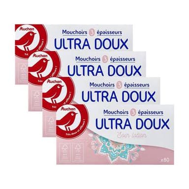 Auchan Boîte de mouchoirs ultra doux soin lotion 3 épaisseurs, Lot de 4x80 mouchoirs