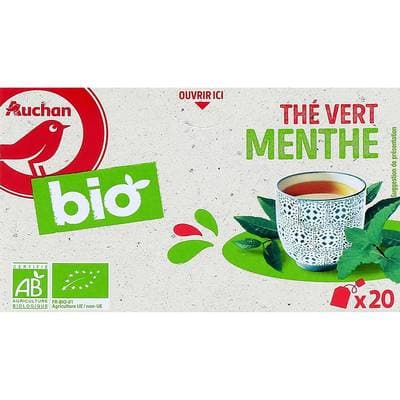 Auchan BIO Thé vert à la menthe bio, 20 sachets