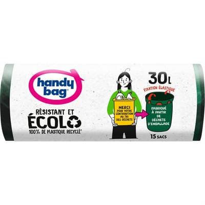 Handy Bag Sac poubelle Fixation élastique 30L, 15 sacs poubelles