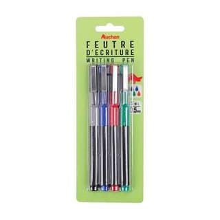 Auchan Lot de feutres d'écriture pointe fine 0.5mm, Lot de 4 stylos (Bleu, noir, rouge, vert)