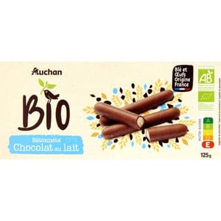 Auchan BIO Bâtonnets nappés de chocolat au lait bio, 20 biscuits - 125g