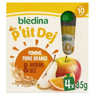 Blédina P'iti Déj- Pomme Poire Orange Avoine Blé Gourdes Bébé Dès 10 mois, 4x85g