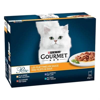 Purina - Gourmet Perle Sachets en Sauce Filettines Dinde, Agneau, Canard, Thon pour chat, 12x85g